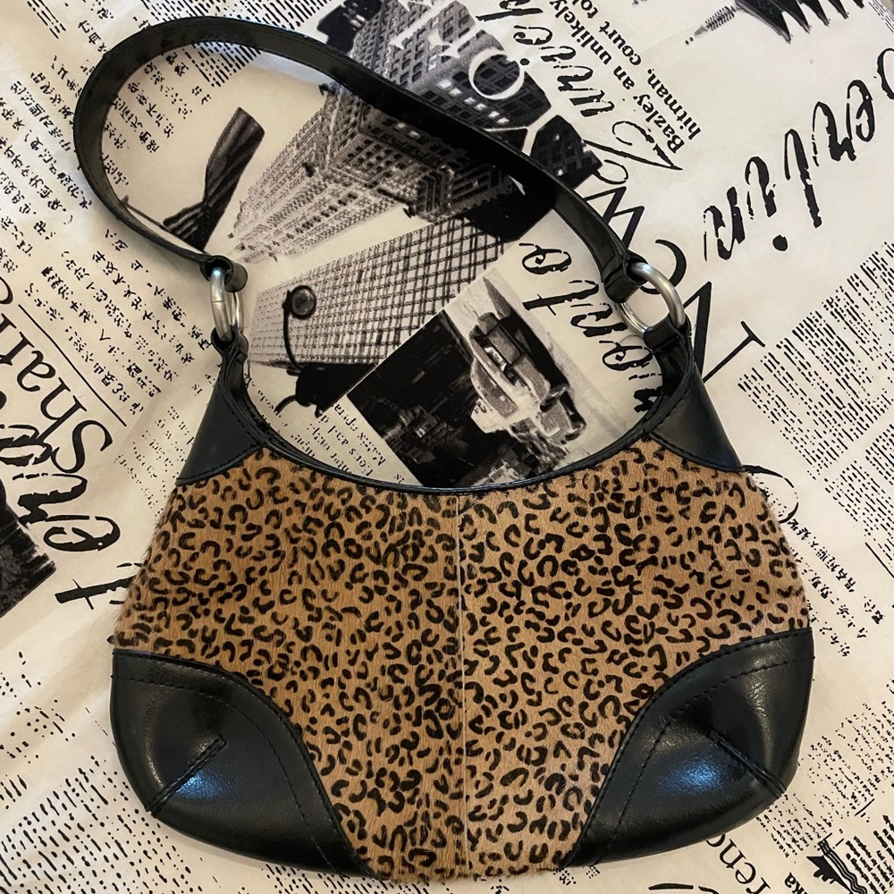 Vintage black leather leopard shoulder bag